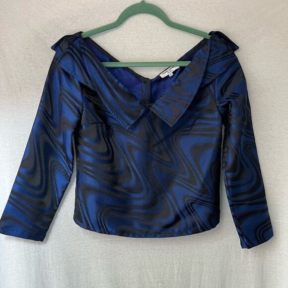 Opening Ceremony Blue Black Shiny Long Sleeve Formal Button Back Top - Picture 2 of 8